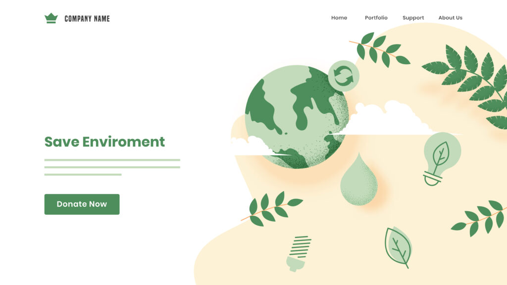 Save Environment concept based landing page design with earth globe, leaves and eco bulb on white background.