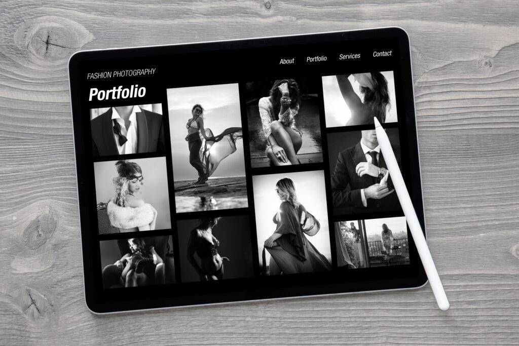 Effective website portfolio example showing a fashion photography portfolio on a tablet