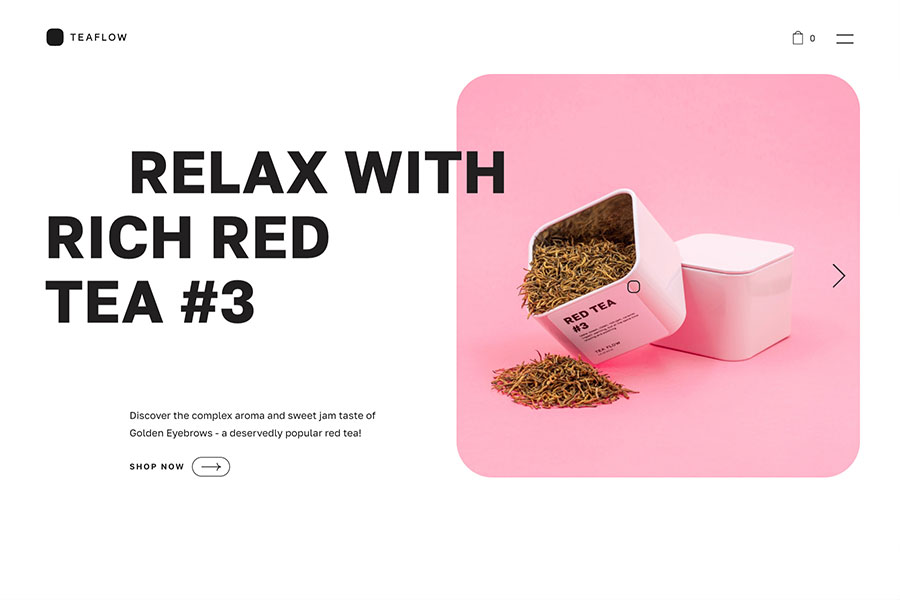 hero design depicting bold modern minimalism. Bold font headline next to framed image of a tea box on a pink background