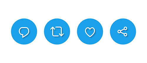 social media comment, repost, like, and share icons. white line icon on blue circle background