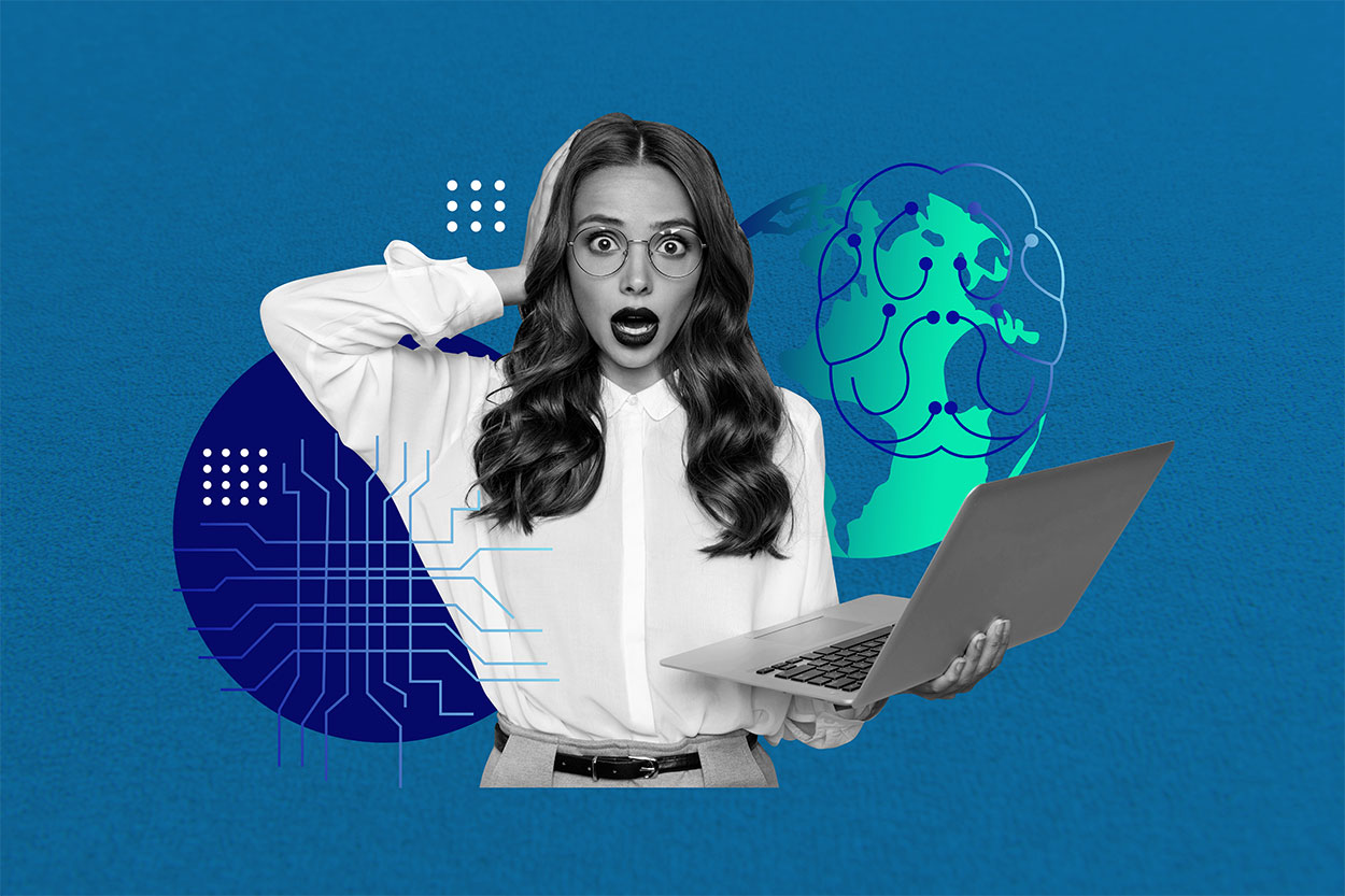 Ai in web design showing a woman with a confused look on her face holding a computer and letting ai help with admin